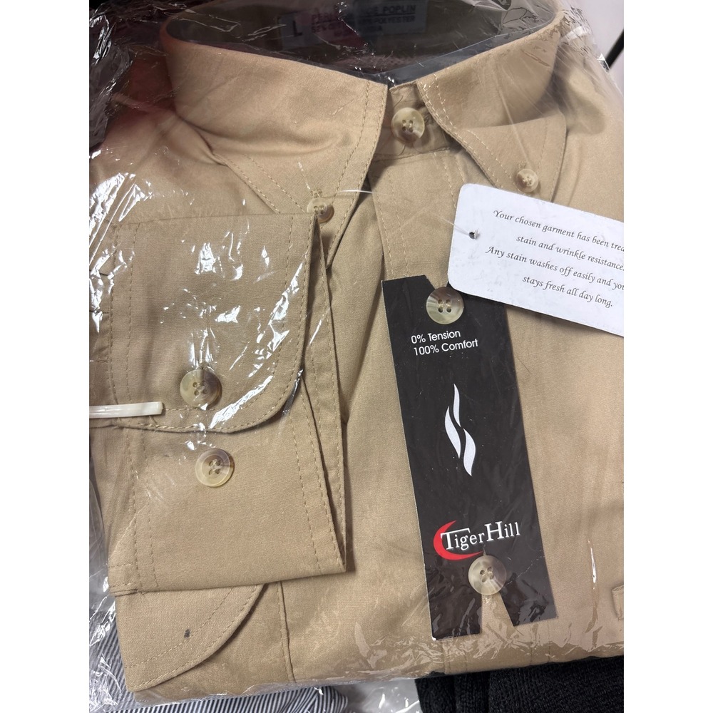 Tiger Hill Mens Khaki Performance Poplin Button Down Shirt Long Sleeve L NEW